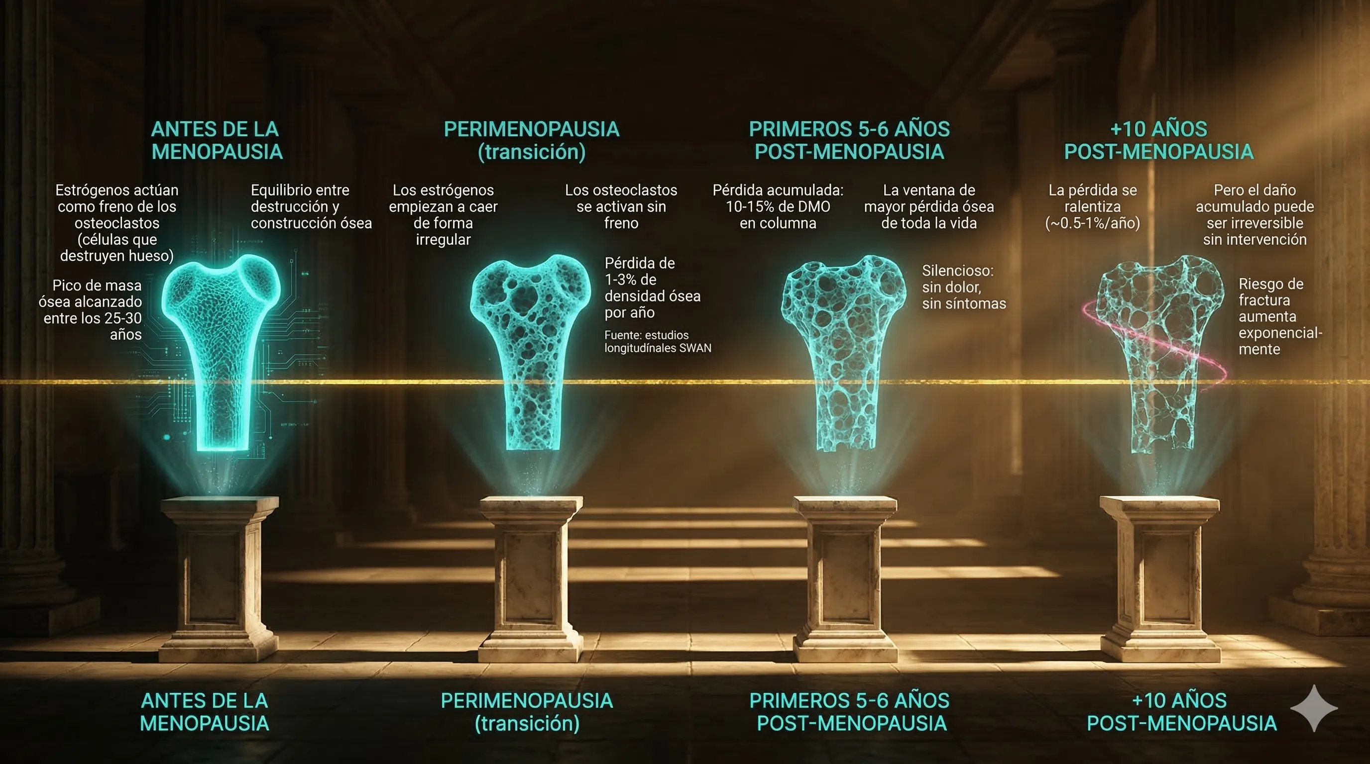 Infografía: Tu hueso en menopausia — timeline de pérdida ósea desde pre-menopausia hasta +10 años post