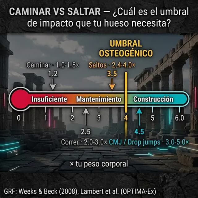Infografía: Termómetro osteogénico — caminar (1-1.5×) vs saltos (3-5× peso corporal)