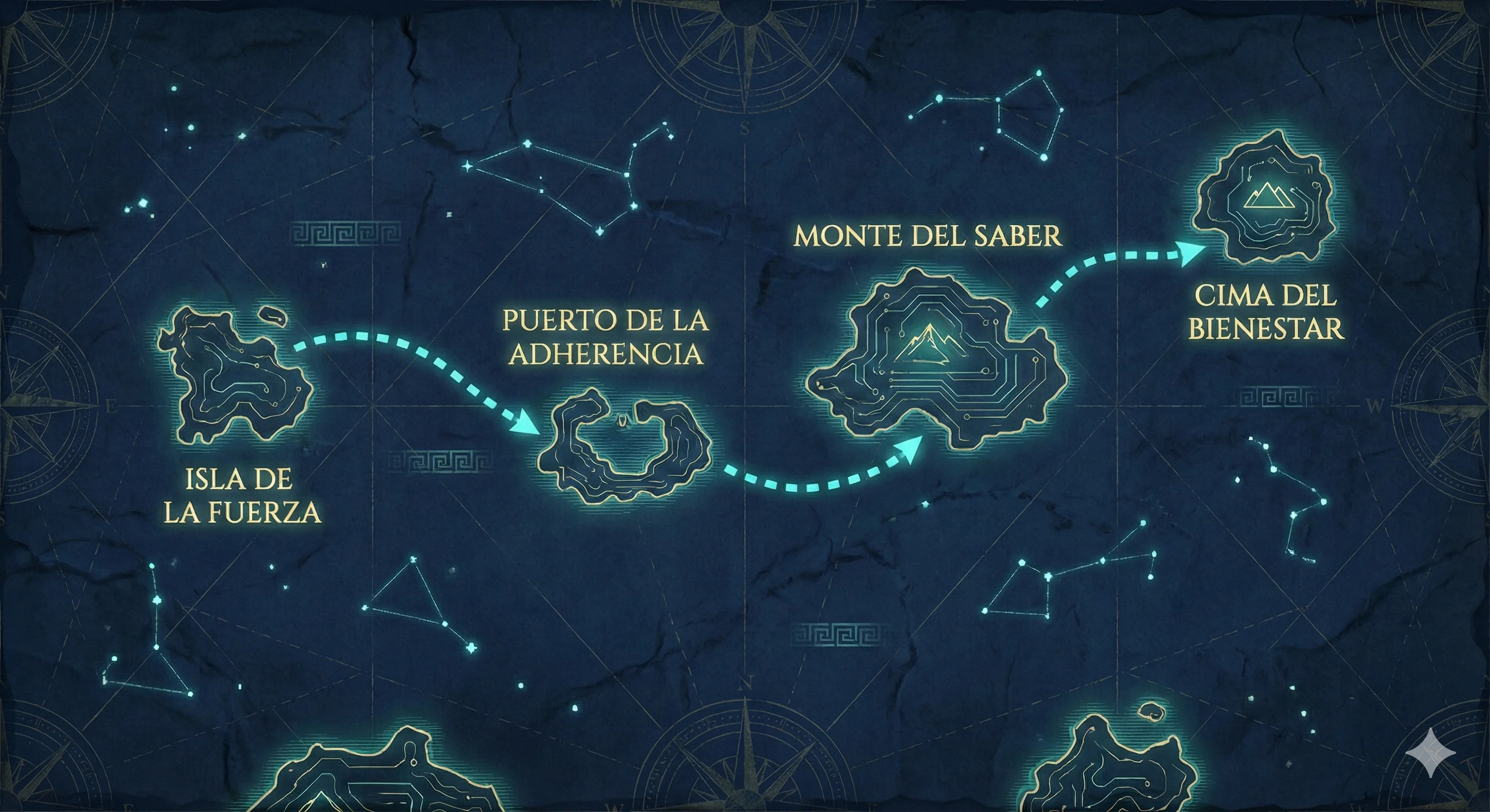 Tu viaje en ODISEA: Isla de la Fuerza, Puerto de la Adherencia, Monte del Saber, Cima del Bienestar