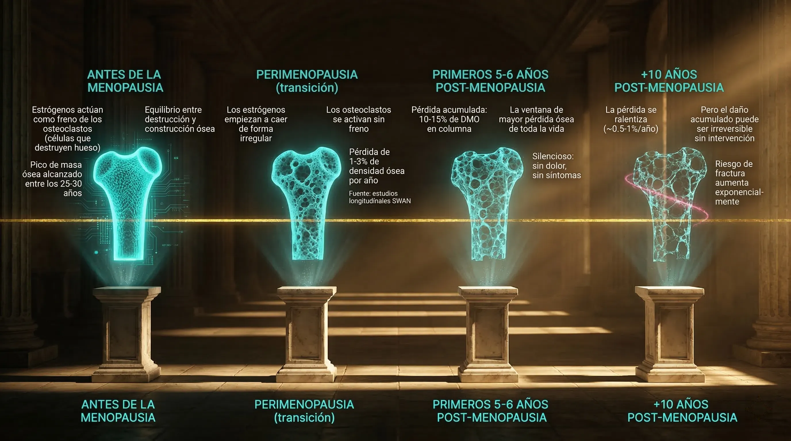 Infografía: Tu hueso en menopausia — timeline de pérdida ósea desde pre-menopausia hasta +10 años post