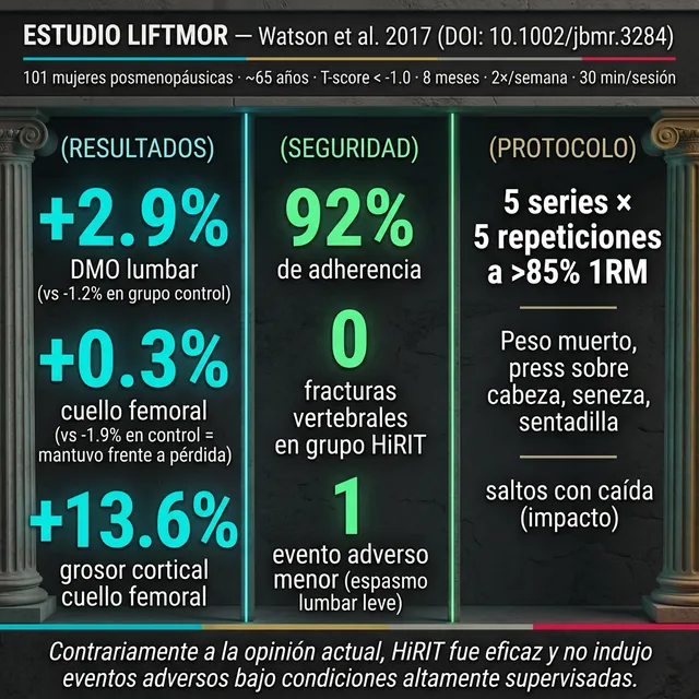Infografía: Estudio LIFTMOR — +2.9% DMO lumbar, 92% adherencia, 0 fracturas