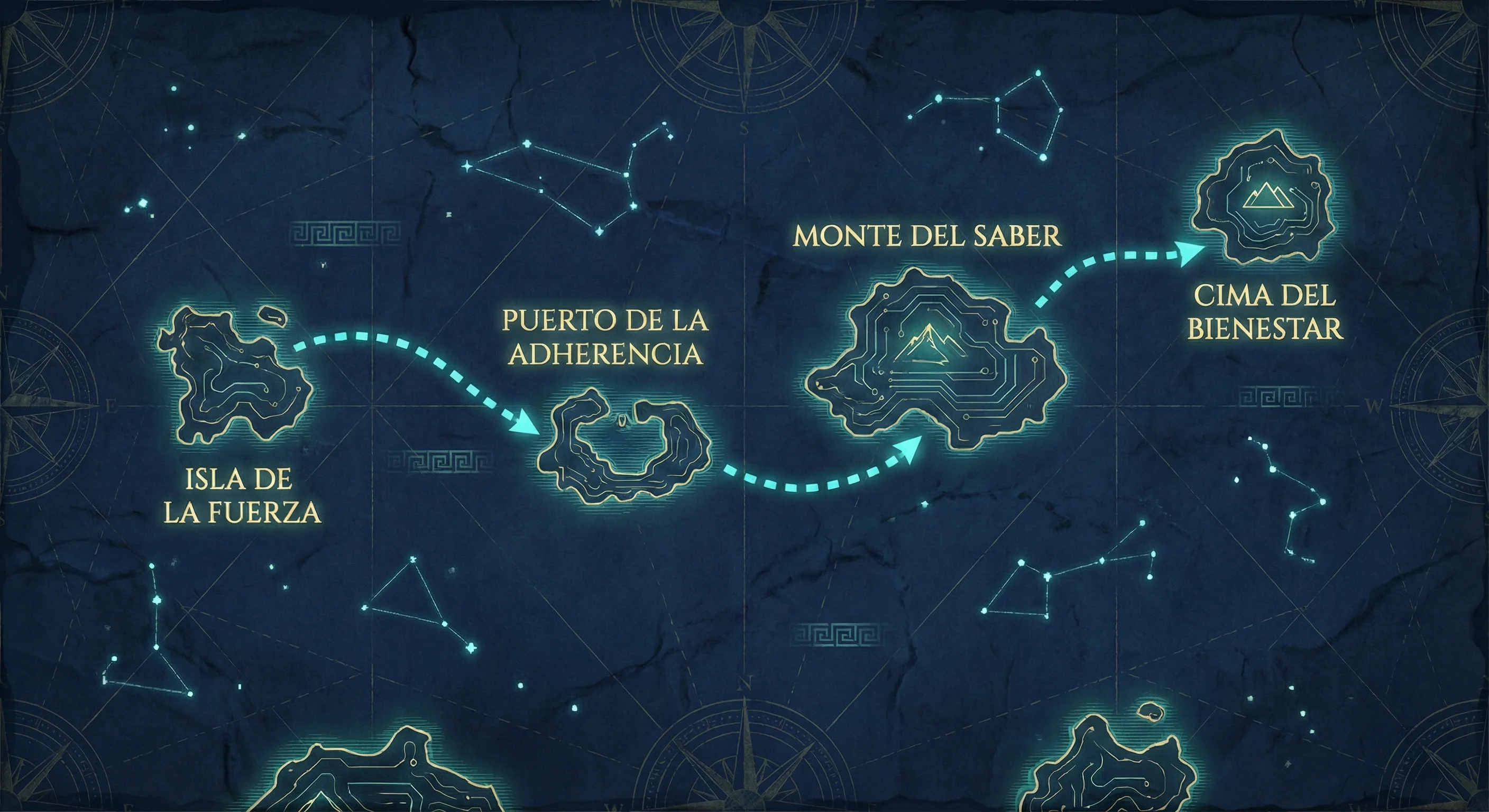 Tu viaje en Odisea Antifrágil: Isla de la Fuerza, Puerto de la Adherencia, Monte del Saber, Cima del Bienestar