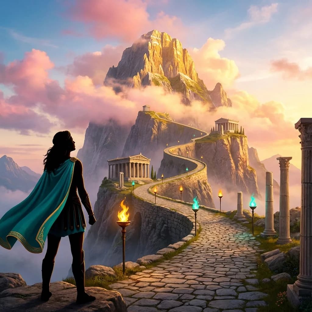 Sendero serpenteante subiendo hacia el Monte Olimpo al amanecer