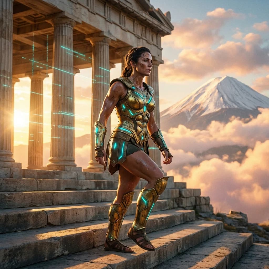 Guerrera subiendo las escaleras del templo griego hacia el Olimpo